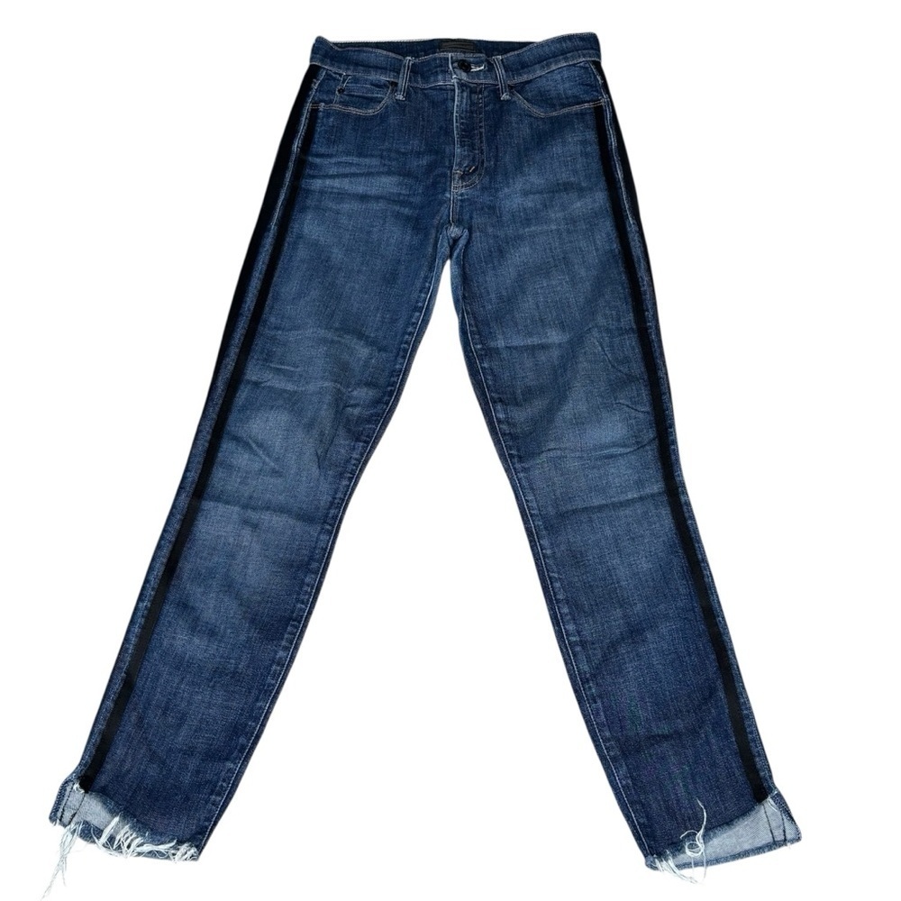 MOTHER Stunner Zip Ankle Step Fray Jeans with Black Side Stripe Size 25